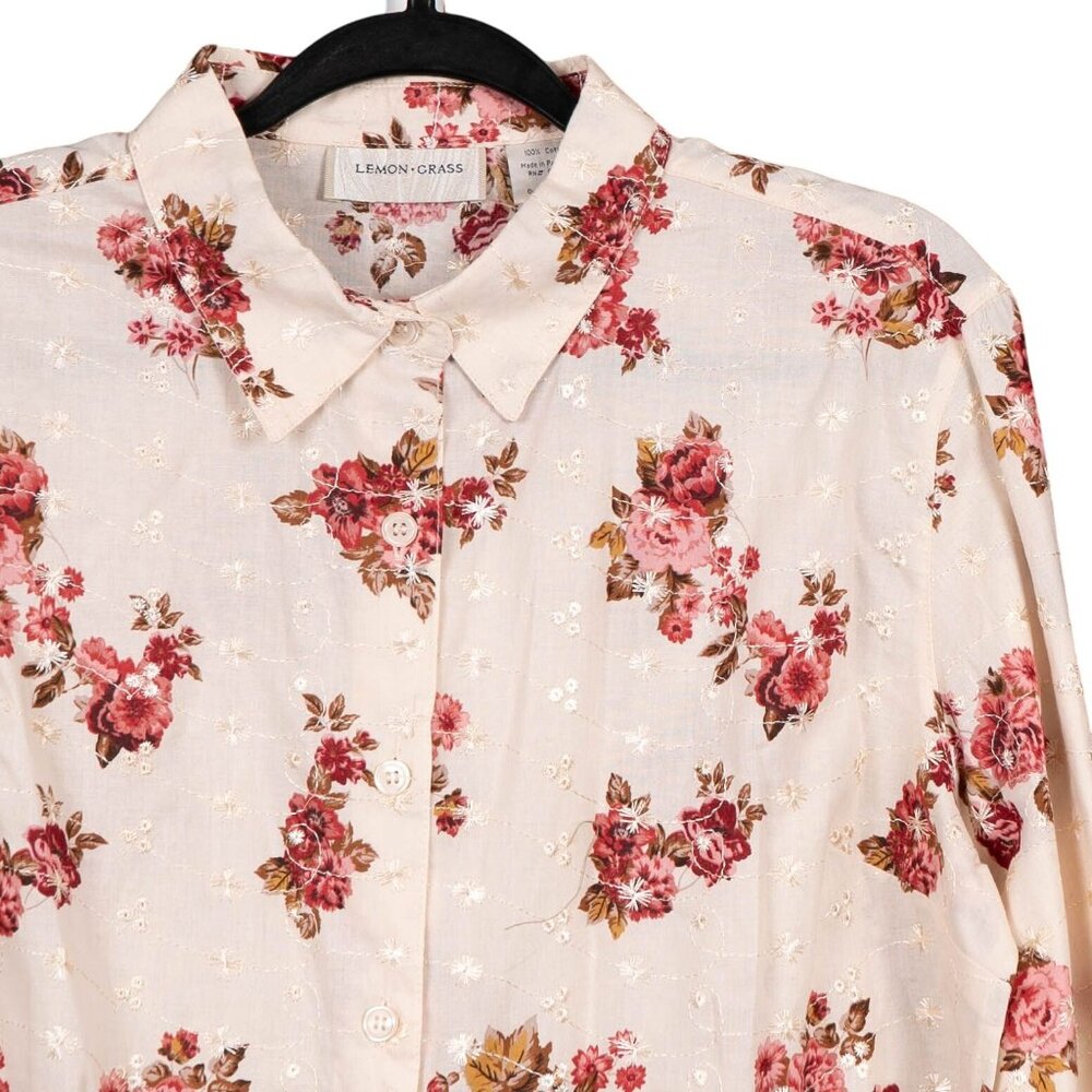 Lemon Grass VTG Button Up Shirt L Womens Floral Embroidered Cream 100% Cotton - Picture 2 of 5